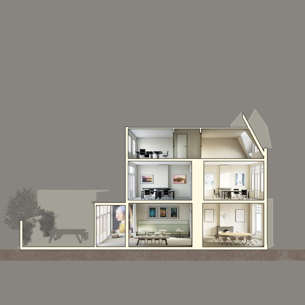 artist impressie van een doorsnede van een nieuwe indeling van een kantoorpand