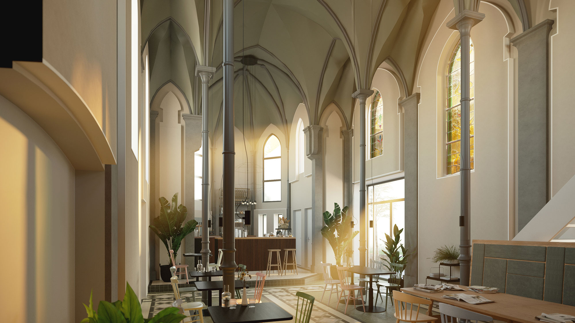 3D visualisatie herbestemming klooster kapel Tilburg Bisschop Zwijsenstraat 3D impressie artist impressie rendering