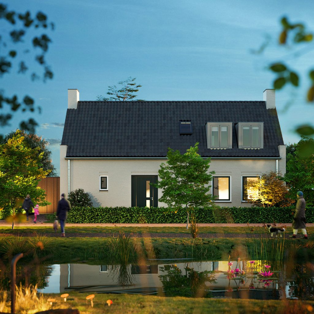 3D-visualisatie nieuwbouw woning woonhuis Brandevoort avond 3D impressie