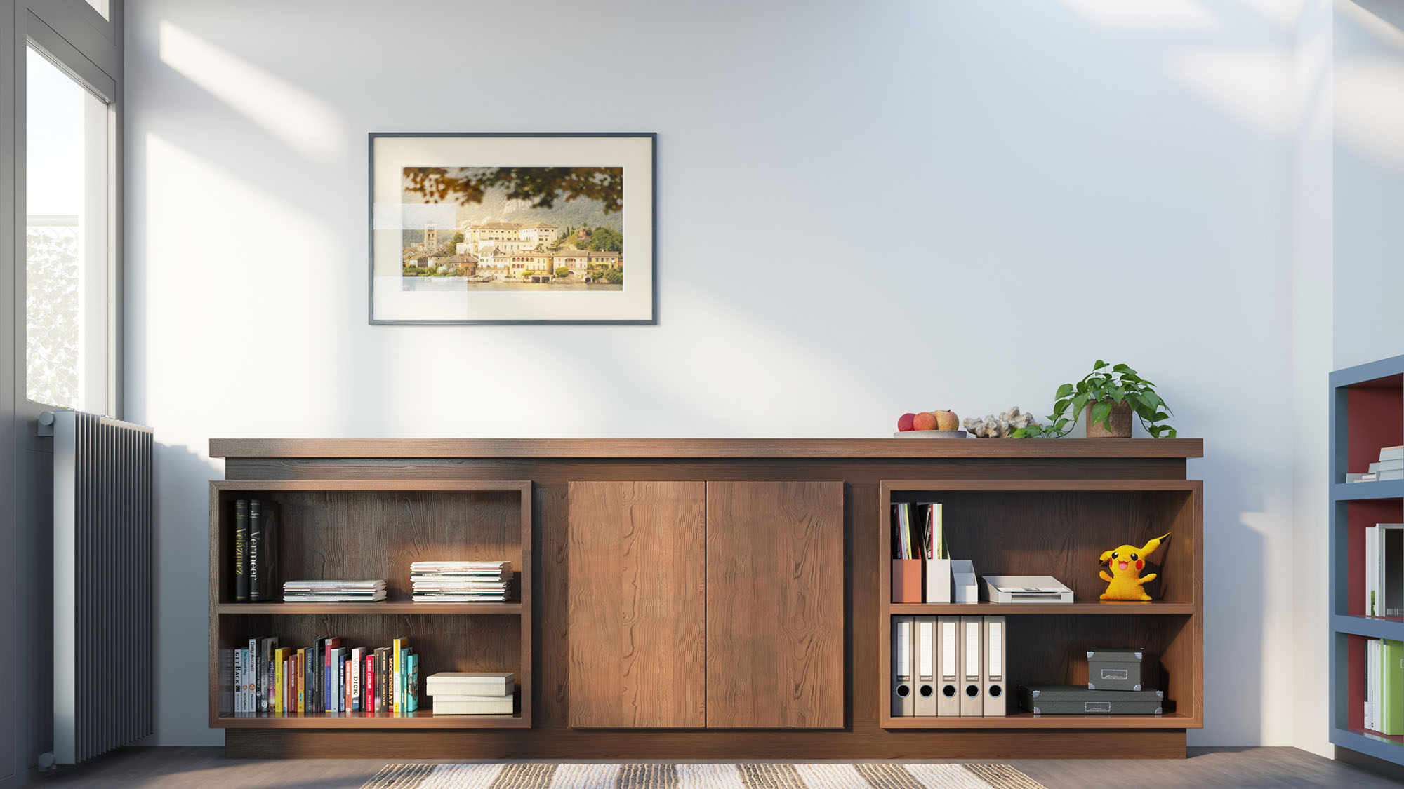 3D Rendering, 3D visualisatie interieur, 3D impressie van een maatwerk kast interieur voor een thuiskantoor