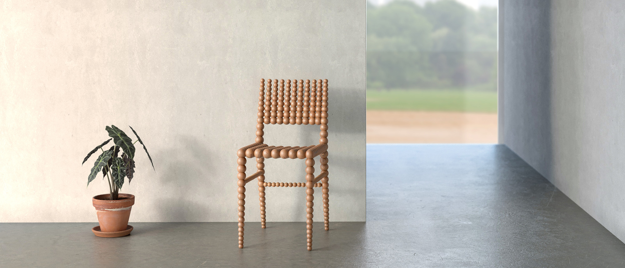 3D Rendering, 3D visualisatie, 3D impressie van moderne houten stoel, dutch design