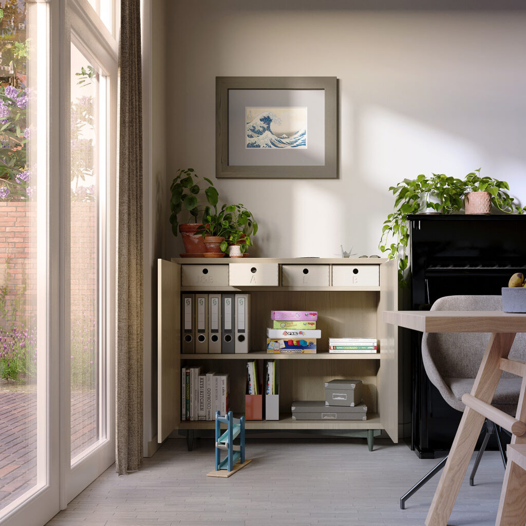 Fotorealistische interieur rendering van een maatwerk kast in woonkamer