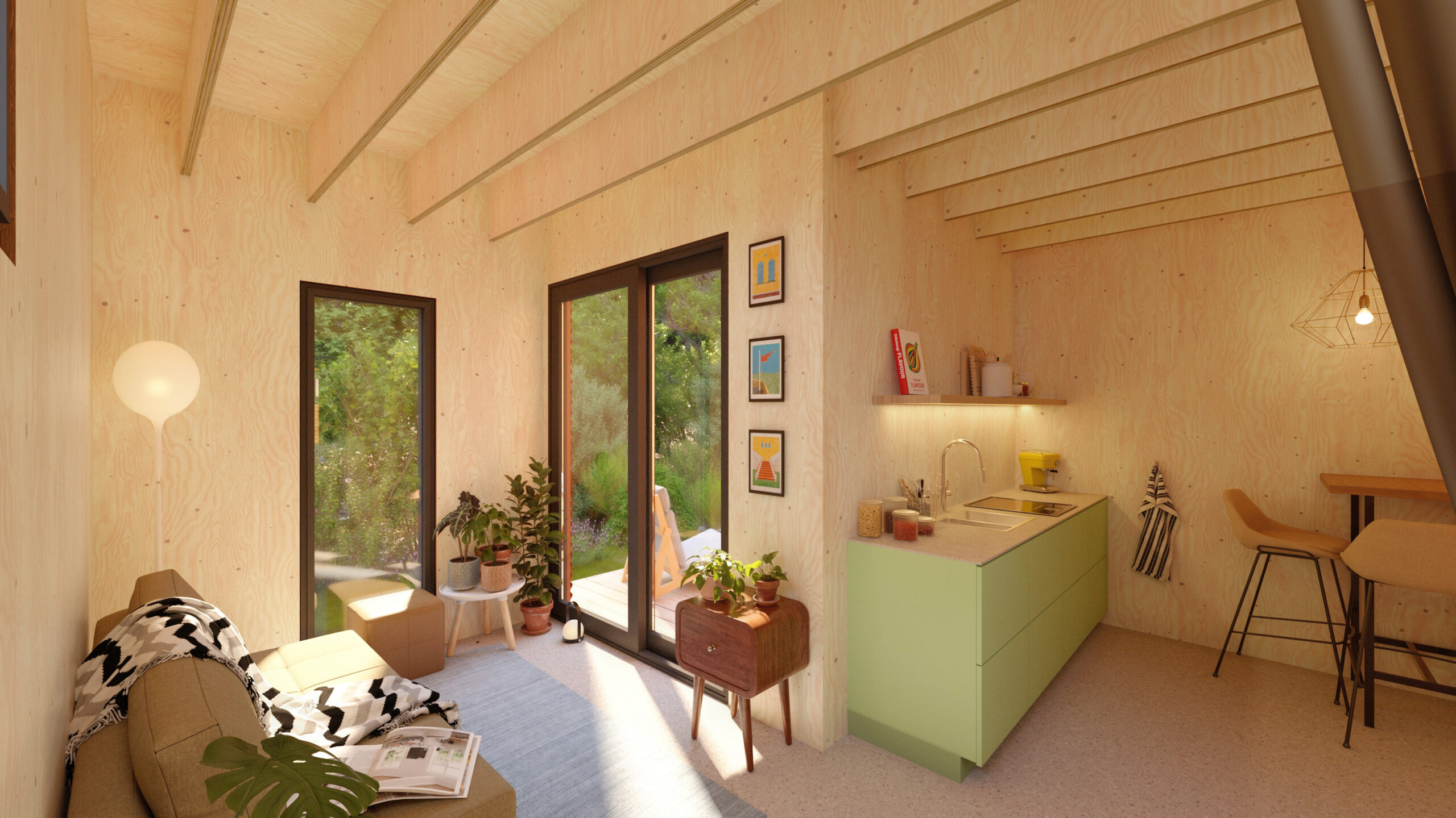 interieur rendering van een tiny house van rxdomi