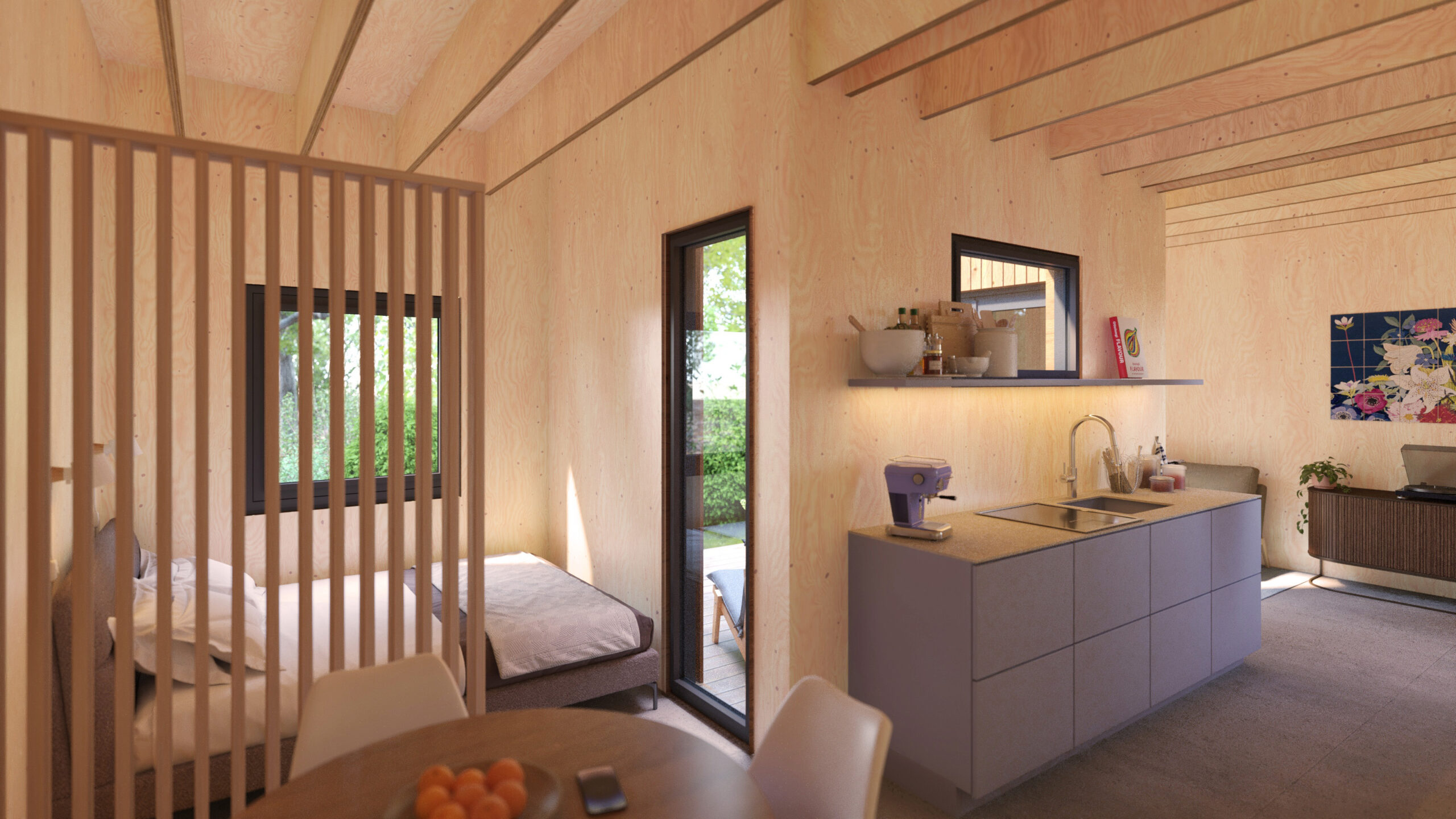 3D visualistie architectuur, tiny house, 3D impressie, architectuur, interieur, nieuwbouw