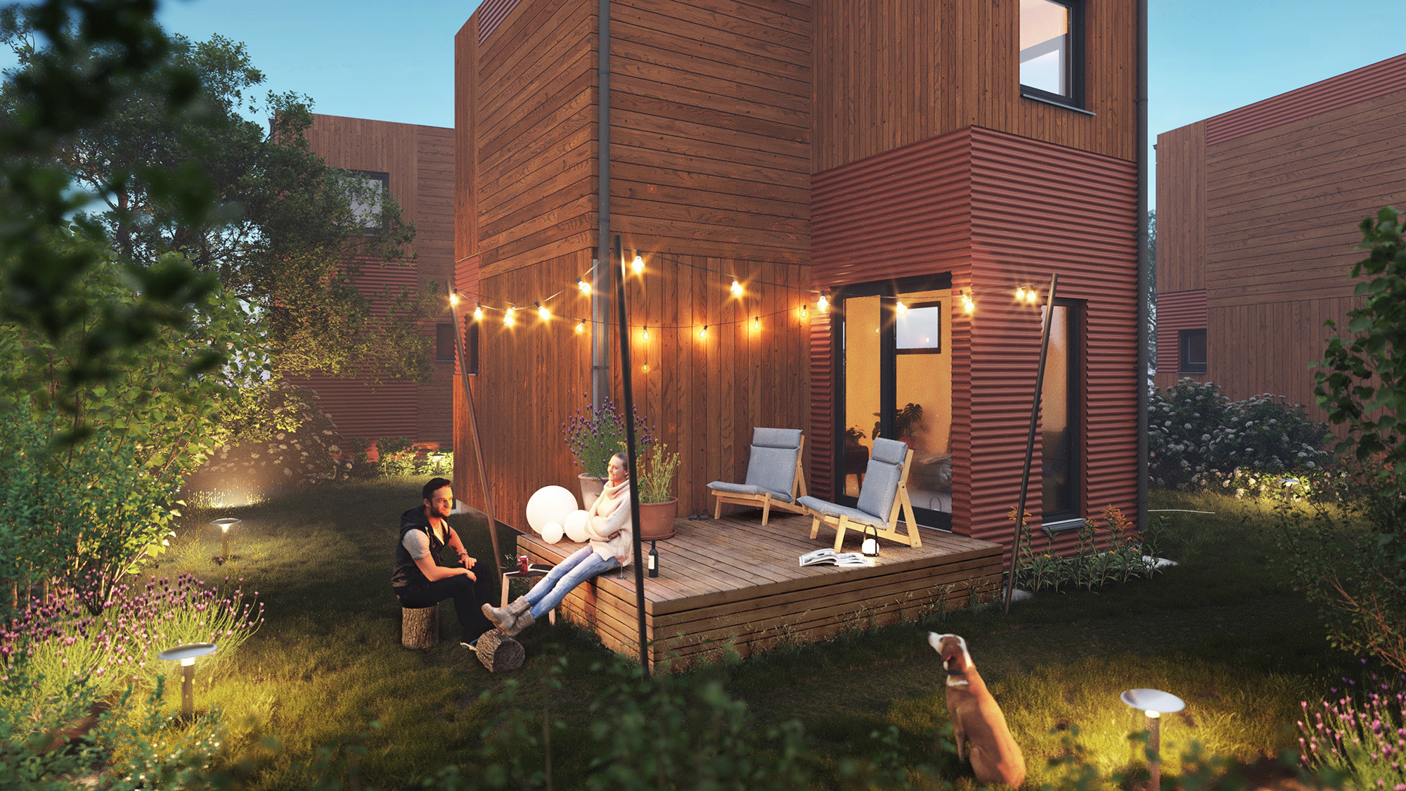 3D visualistie architectuur, tiny house, 3D impressie, avond, architectuur, exterieur, nieuwbouw, rxdomi