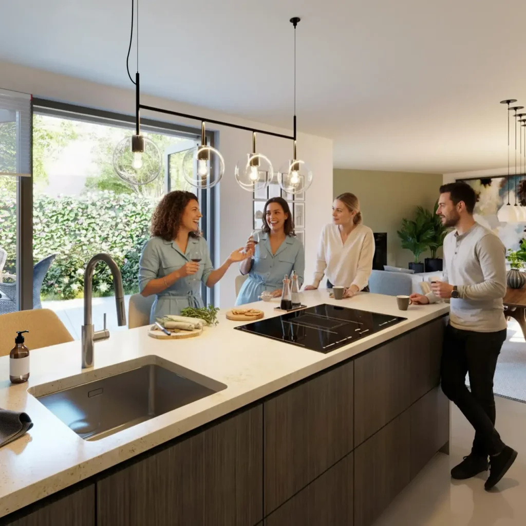 Luxe keuken met kookeiland 3D visualisatie interieur door Studio Janus