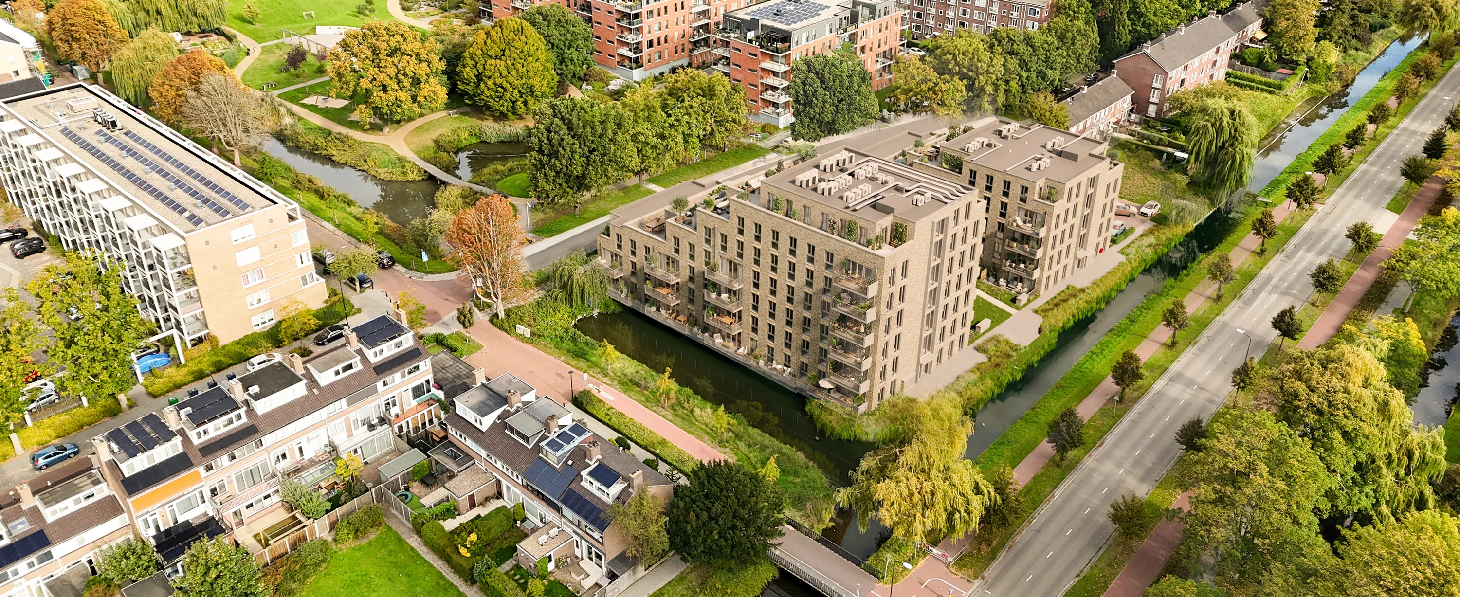 3d Vogelvlucht van nieuwbouw 64 appartementen gemonteerd in drone foto