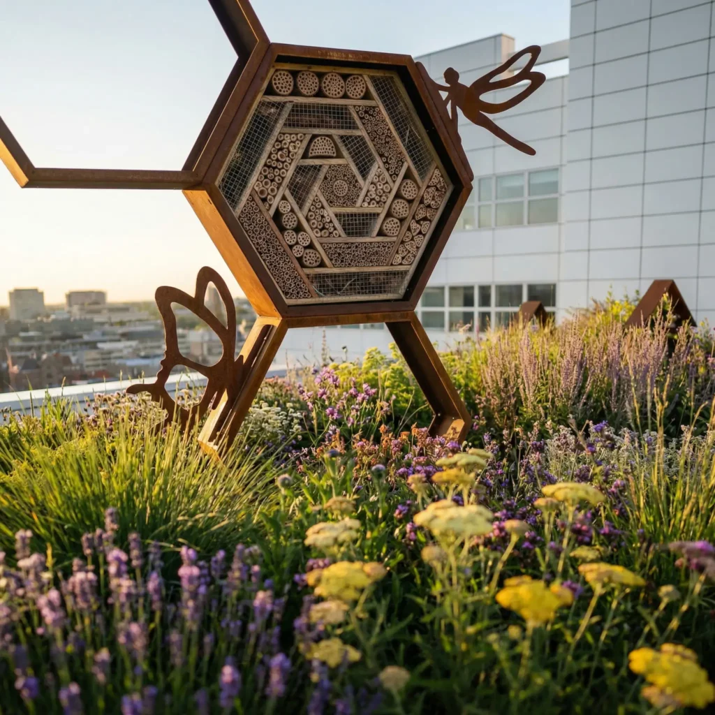 Beeld uit een 3D-animatie van een daktuin met kunstobjecten